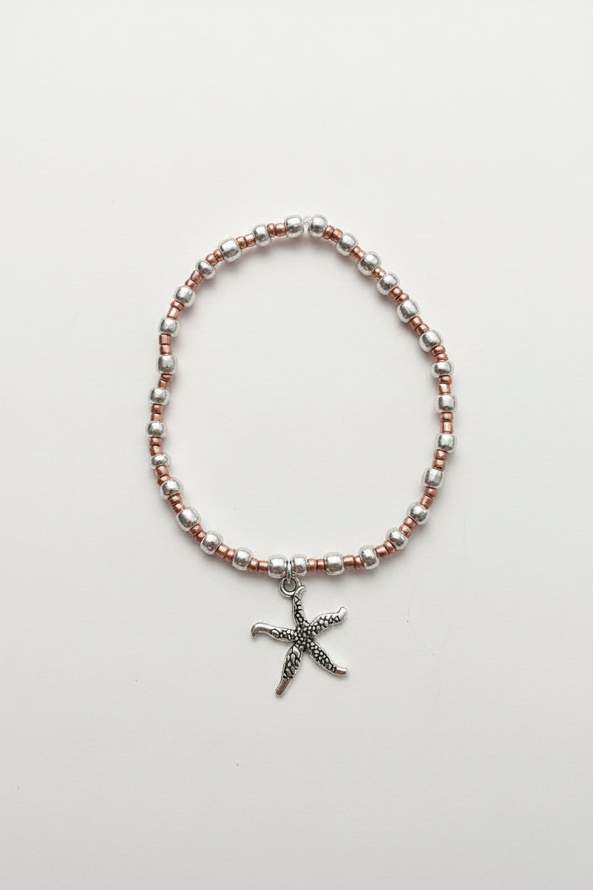Deep Sea Diving - Rosy Cheeks Silver Starfish - 7” Beaded Bracelet